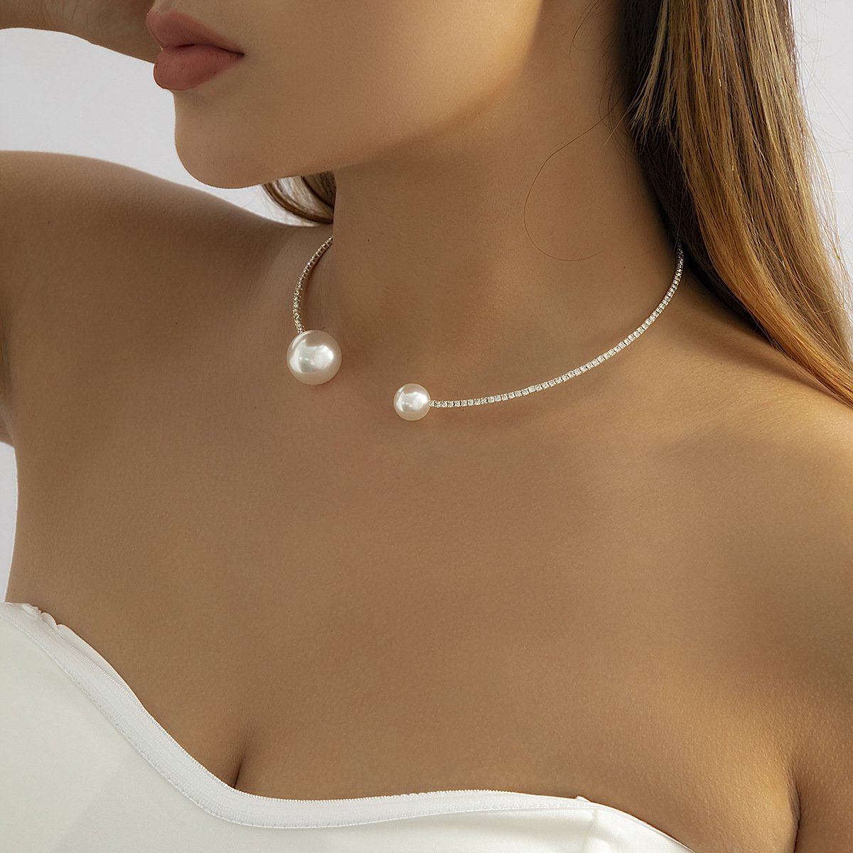 Jewelry Personality Imitation Pearl Geometric Opening Necklace Necklace Niche Design Sense Micro Diamond Necklace