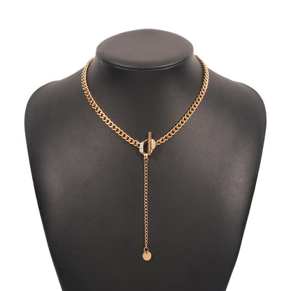 N937 fashion temperament round plate necklace micro-inlaid geometric OT buckle back chain simple niche creative necklace female