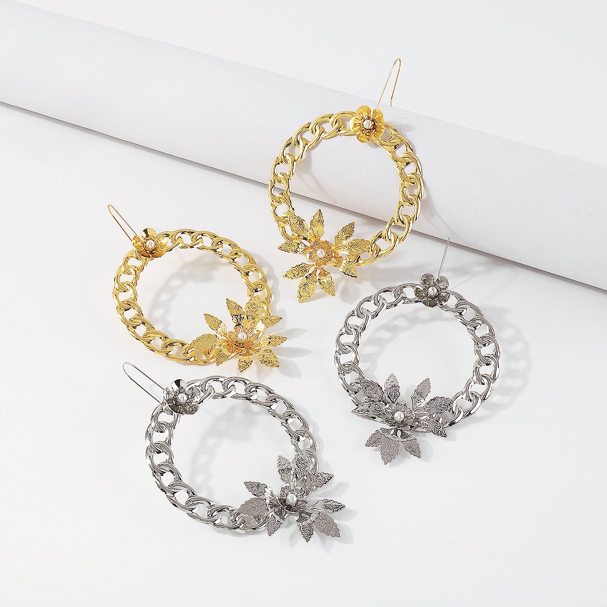 E1939 Punk Hip Hop Earrings Circle Hollow Chain Flower Earrings Geometric Personality Earrings