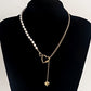Retro imitation pearl stitching personality clavicle necklace simple geometric heart asymmetrical metal necklace ins