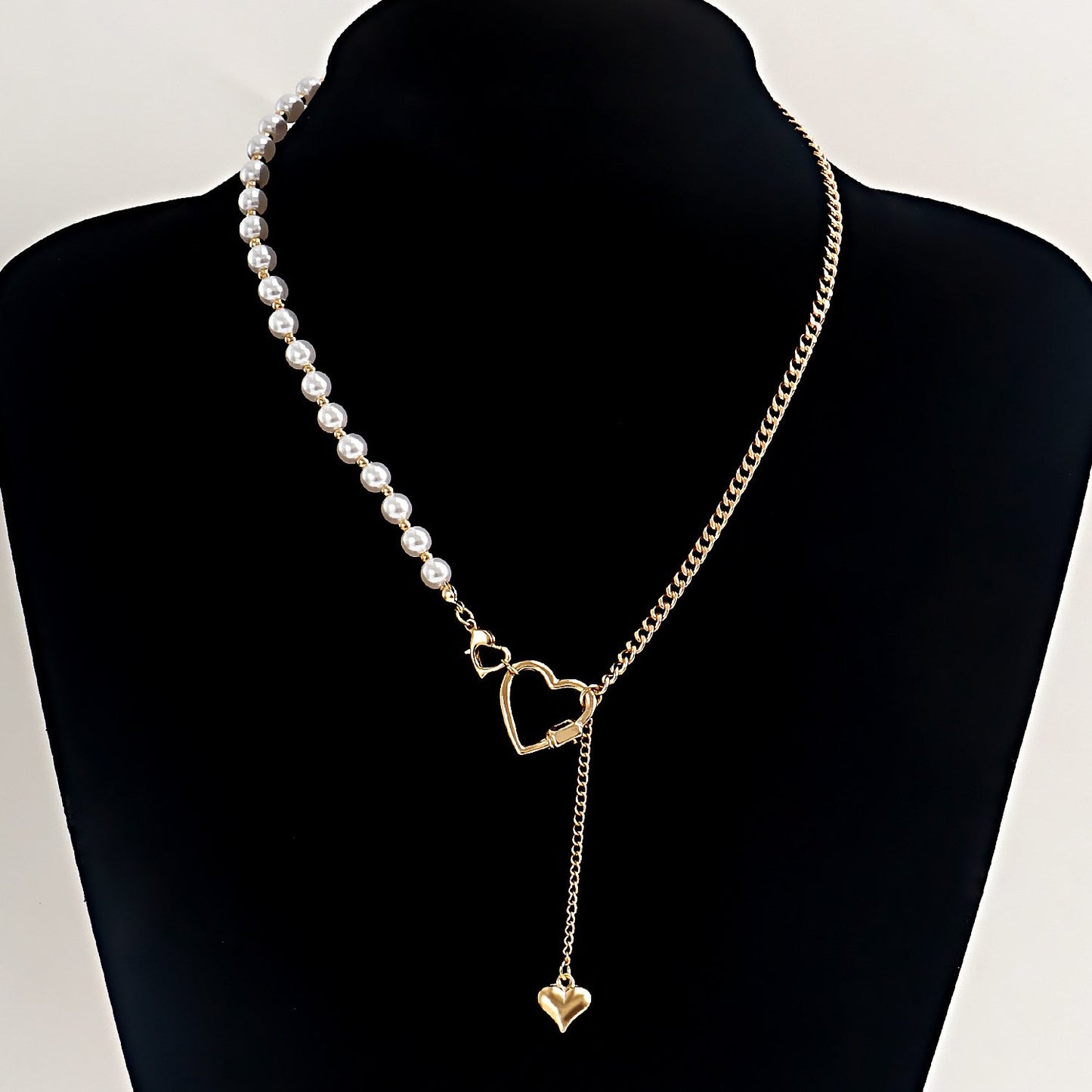 Retro imitation pearl stitching personality clavicle necklace simple geometric heart asymmetrical metal necklace ins
