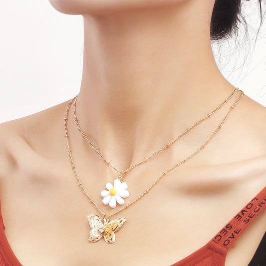 Jewelry Double Clavicle Chain Exaggerated Flower Butterfly Pendant Necklace Fashion Temperament Personality Necklace