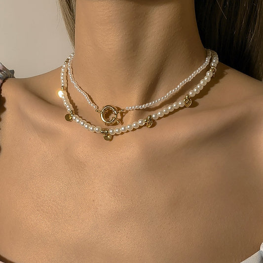 French retro millet grain pearl necklace femininity indifferent splicing metal chain clavicle necklace