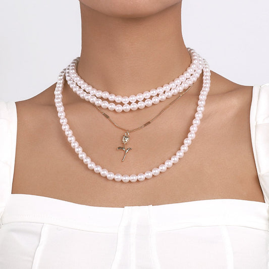 N1475 French light luxury romantic rose necklace imitation pearl stacked with personality temperament lady collarbone necklace