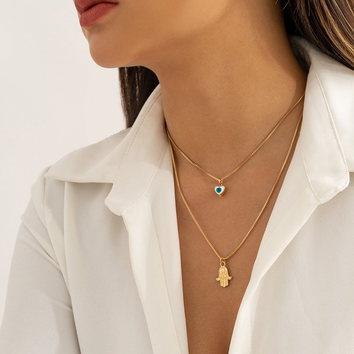 Jewelry Retro Bergamot Stacked Geometric Necklace Simple Double-layer Box Chain Peach Heart Eye Necklace