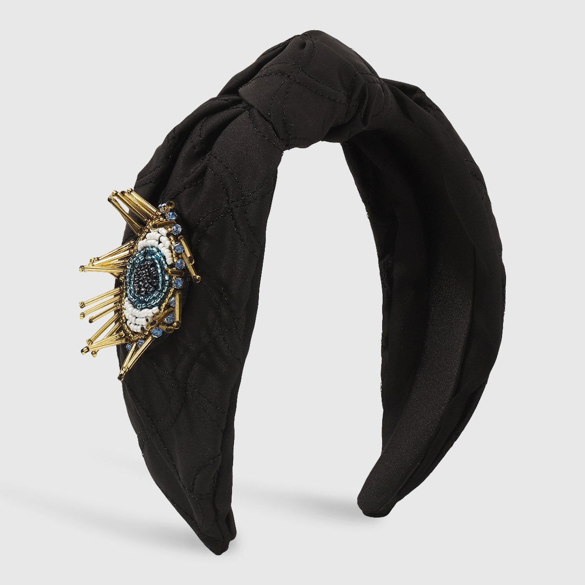 F4885 Exaggerated Creative Knotted Fabric Headband Rice Beads Contrasting Color Eyes Personality Micro-inlaid Plaid Headband Female