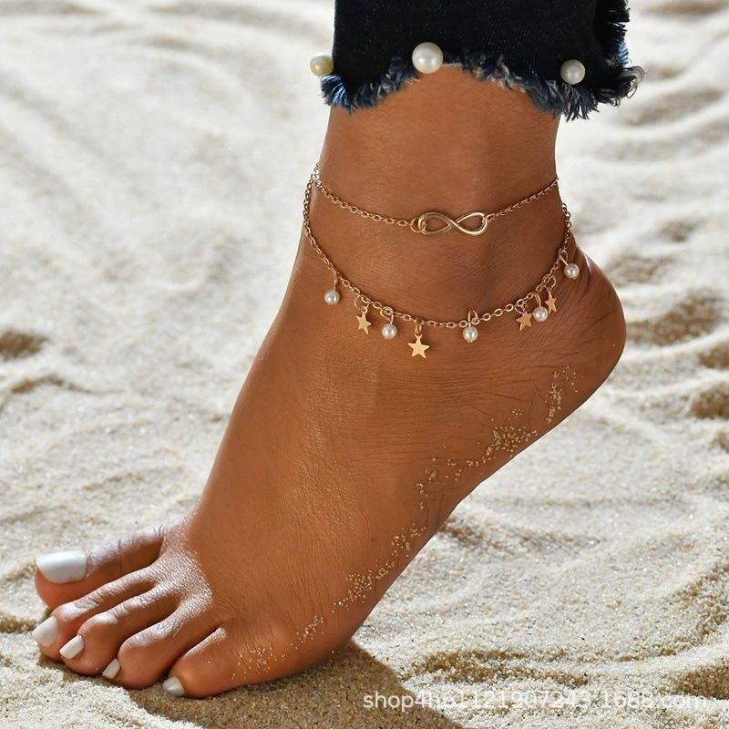 Summer beach multi-layer zircon leaves eight-character pearl anklet sun moon star pattern jewelry