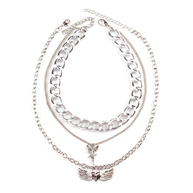 Personality jewelry alloy peach heart lock-shaped diamond-encrusted angel pendant double-layer set chain fashion necklace