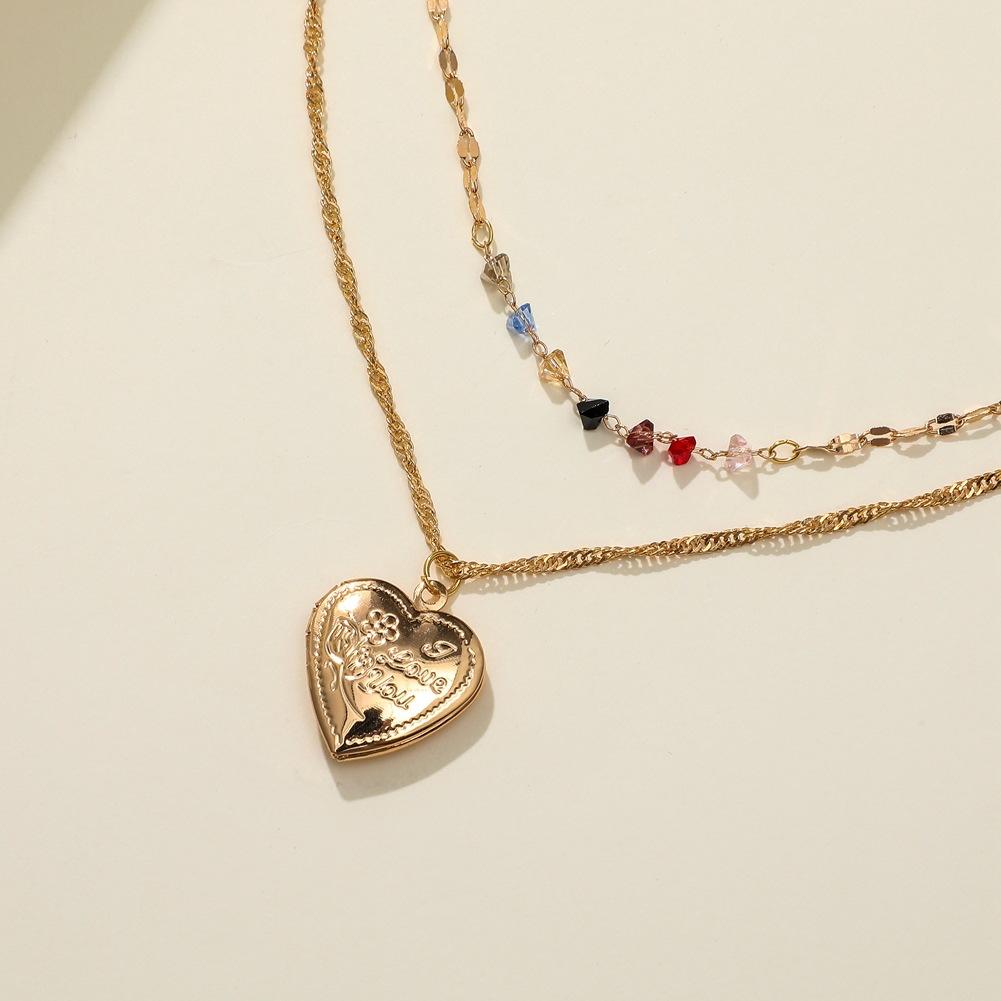 Love Color Diamond Clavicle Necklace Creative Rose Fashion Metal Peach Heart Combination Double Stacked Necklace