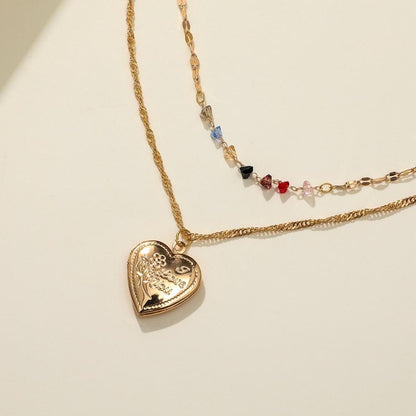 Love Color Diamond Clavicle Necklace Creative Rose Fashion Metal Peach Heart Combination Double Stacked Necklace