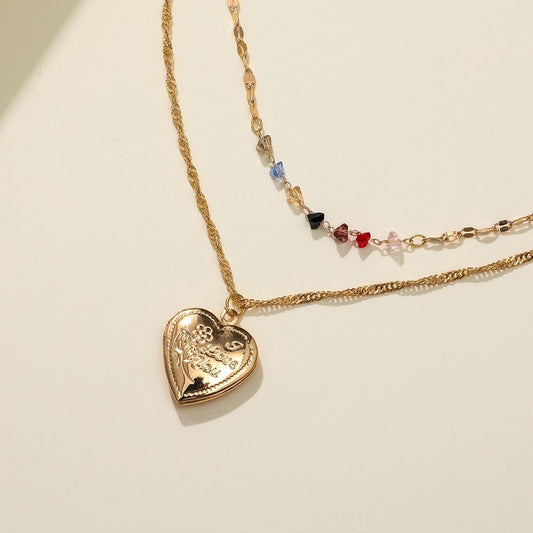 Love Color Diamond Clavicle Necklace Creative Rose Fashion Metal Peach Heart Combination Double Stacked Necklace