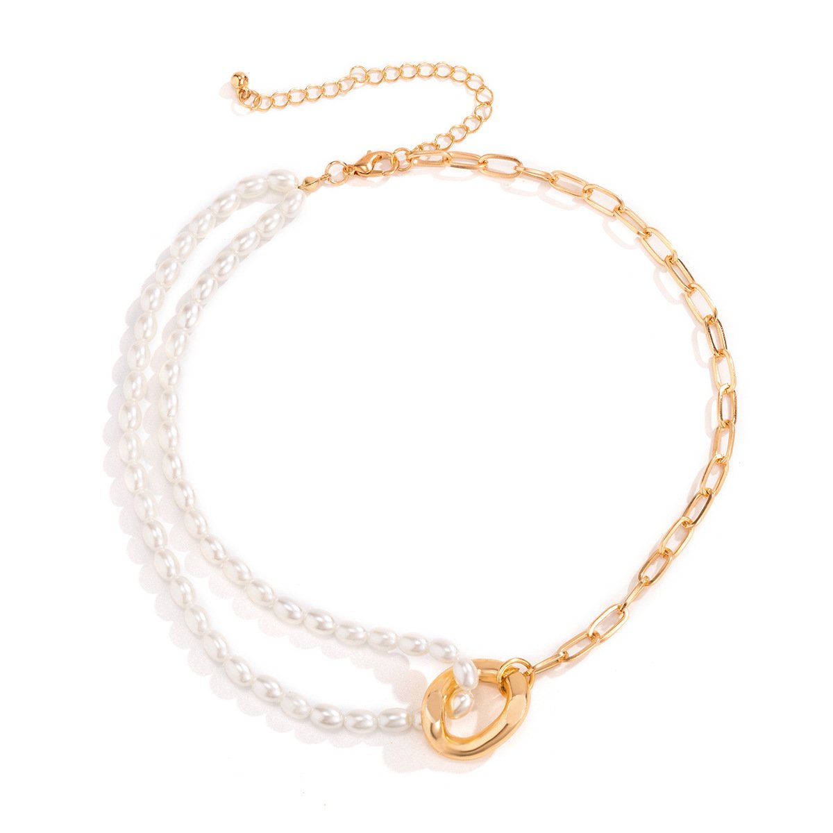 Jewelry Temperament Simple Rice Grain Pearl Clavicle Necklace Hip Hop Retro Metal Buckle Chain Necklace