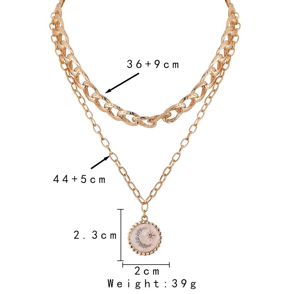Fashion light luxury niche design sense double-layer Cuban chain round coin moon star drop oil necklace female