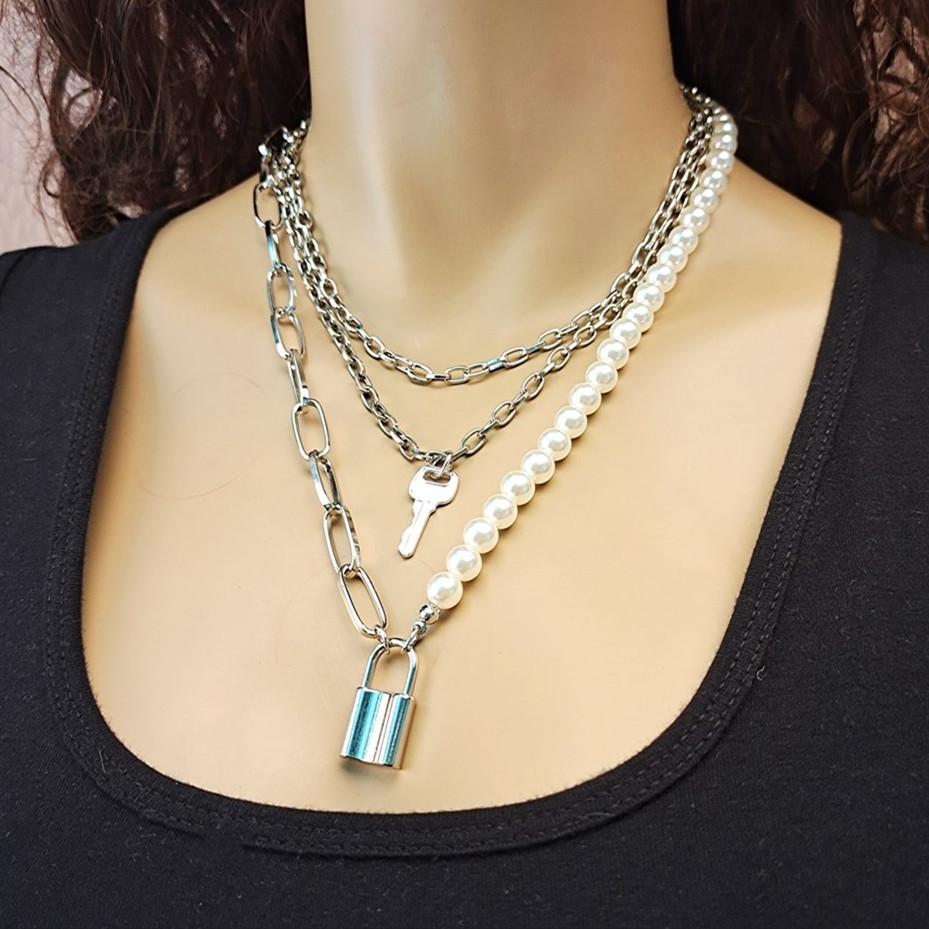 Jewelry multi-layer pearl thick chain necklace female retro lock two-piece chain