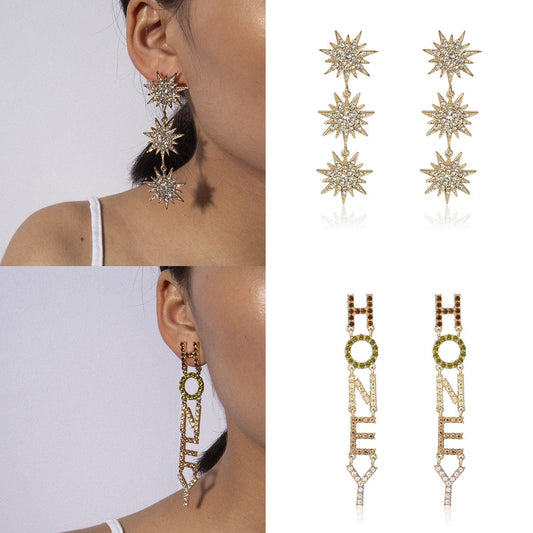 Jewelry simple micro-inlaid flash diamond long star earring temperament versatile letter honey earrings