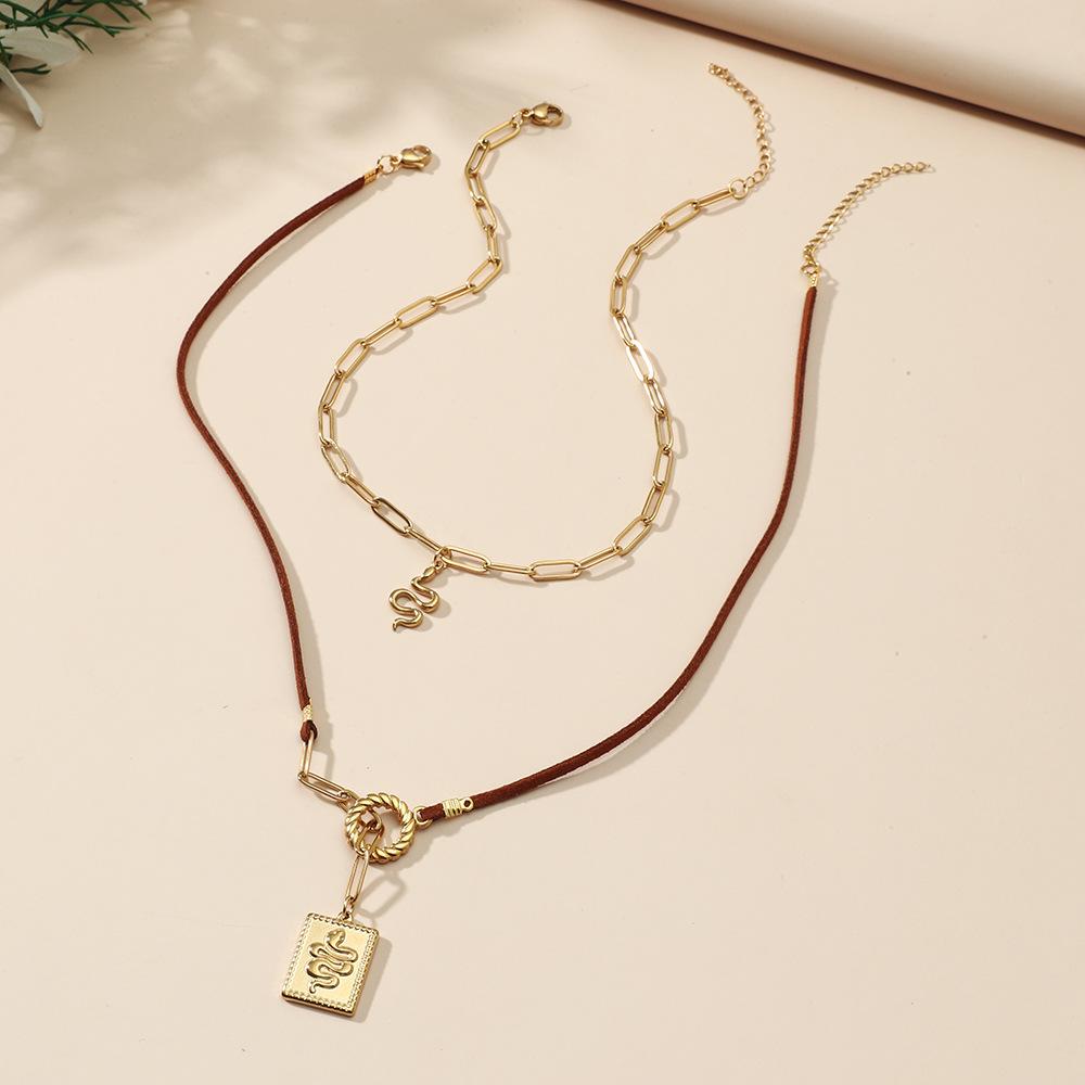 Stainless Steel Leather Rope Double Layer Necklace Small Snake Square Brand Totem Pendant Fashion Temperament Clavicle Chain Female