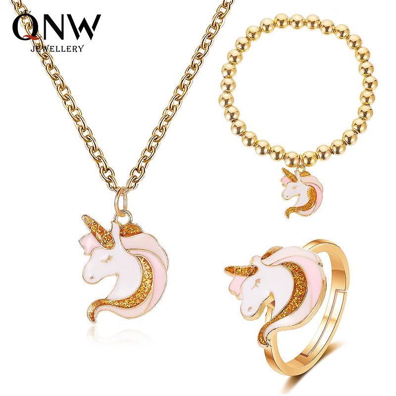 Cartoon Jewelry Cute Unicorn Necklace Stretch Bracelet Ring Jewelry