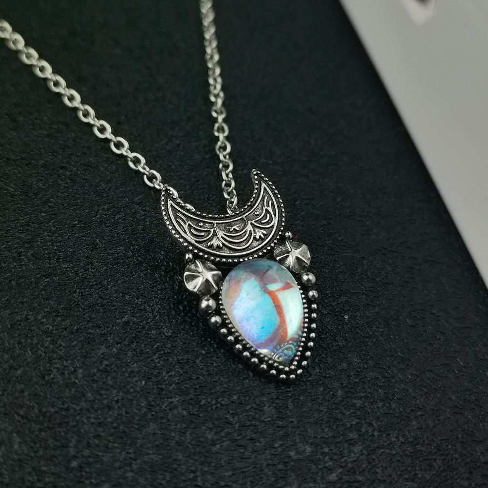 Jewelry Vintage Imitation Moonstone Moon Pendant Necklace Women Water Drop Bohemian Jewelry