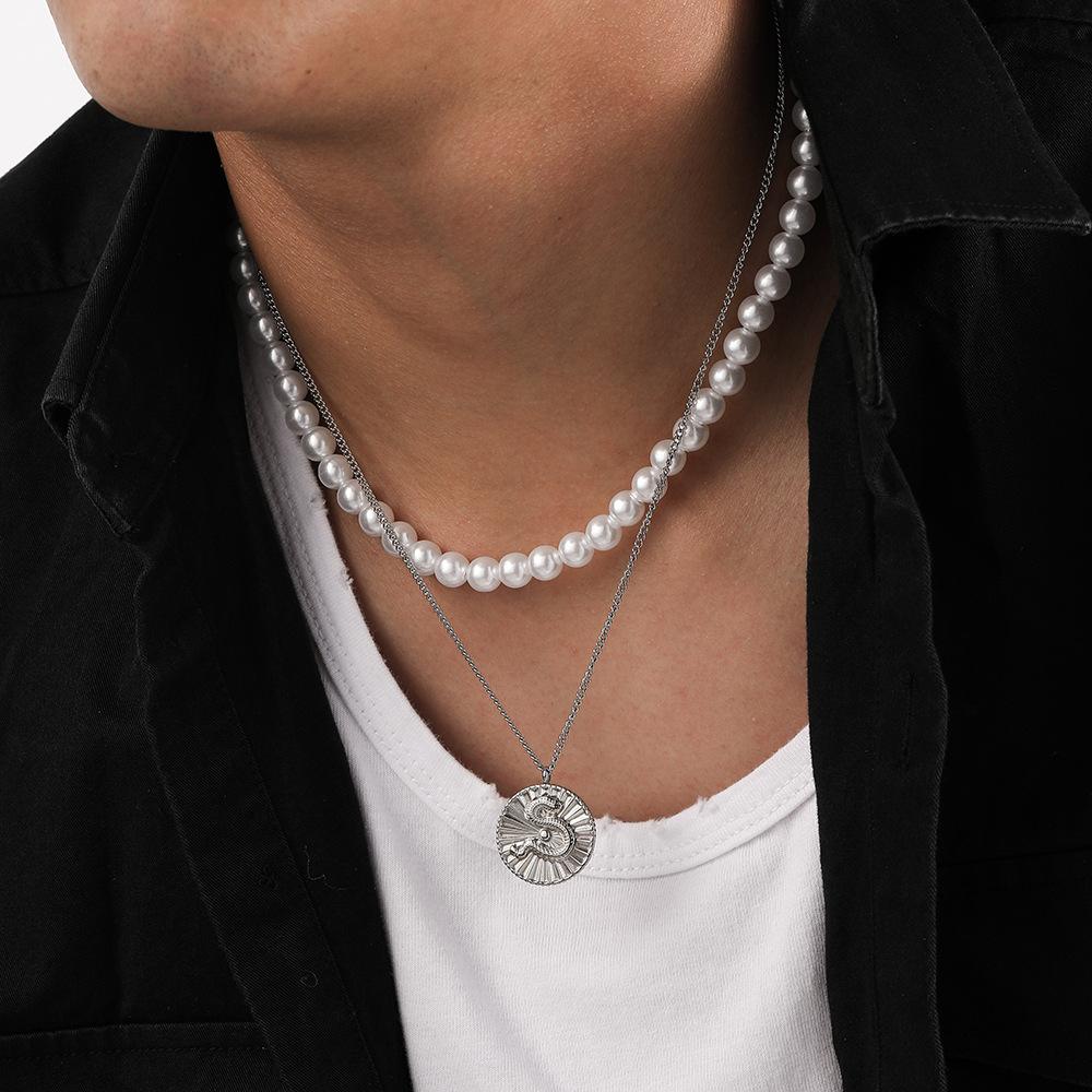 Trend collocation double-layer stainless steel embossed coin pendant double-layer pearl collarbone chain necklace men