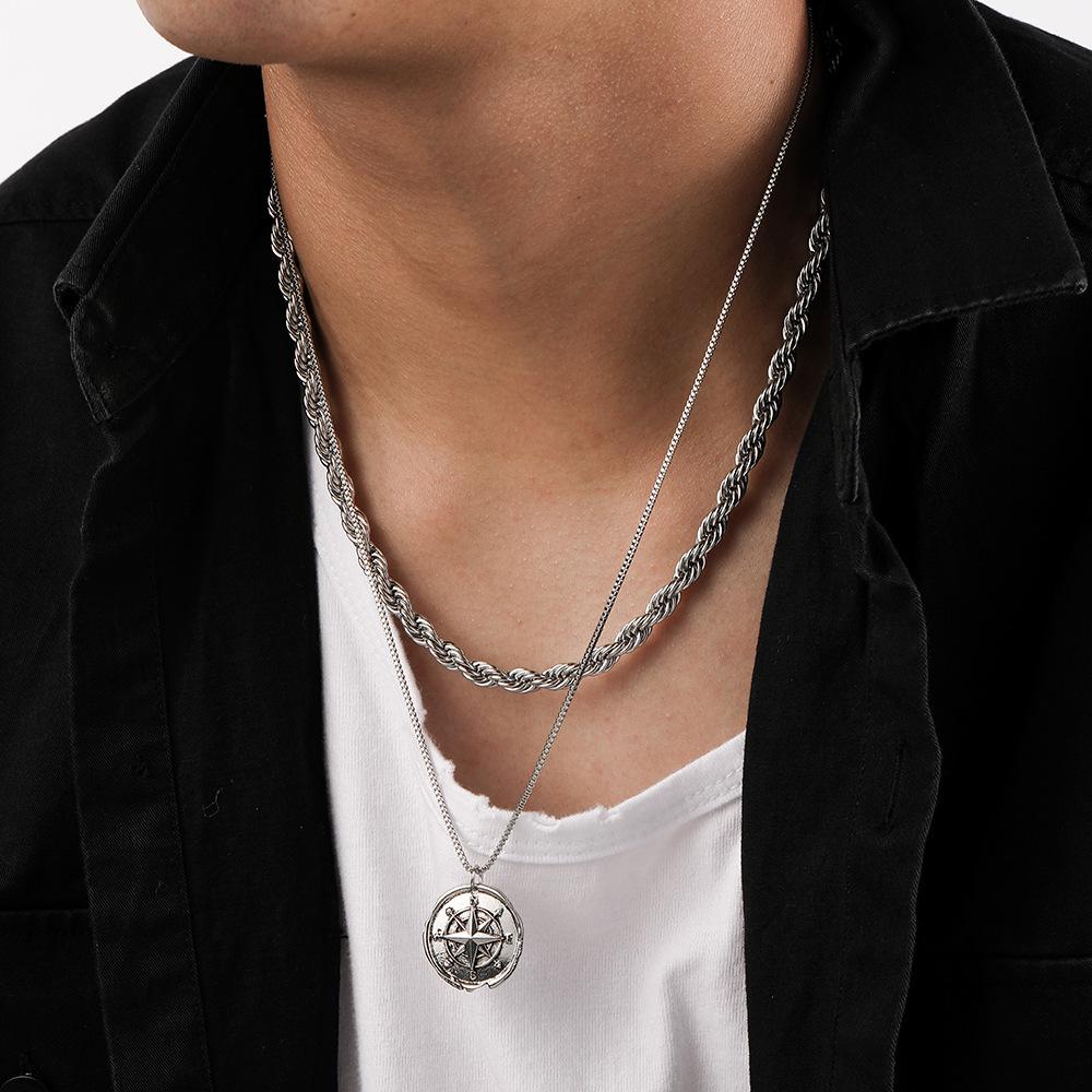 Simple personality niche fashion all-match trend men's double-layer compass retro coin twist chain necklace