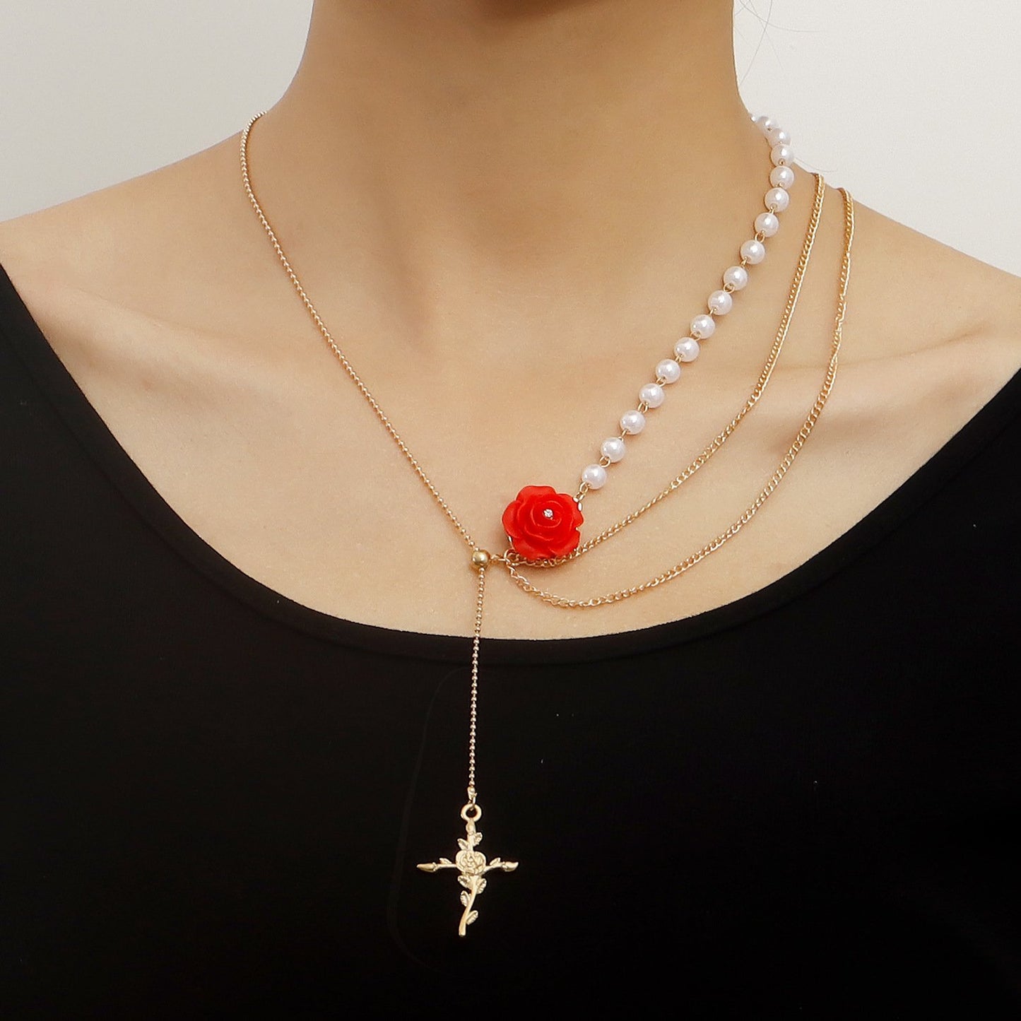 Jewelry Love Rose Cross Necklace Multilayer Sweater Chain Trendy Cool Ins Versatile Necklace
