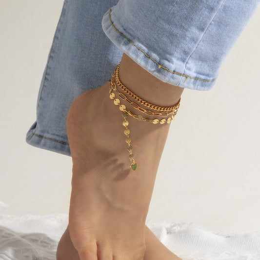 Jewelry simple cross hollow foot decoration sweet cool sequins multi-layer drop nectarine heart anklet set female