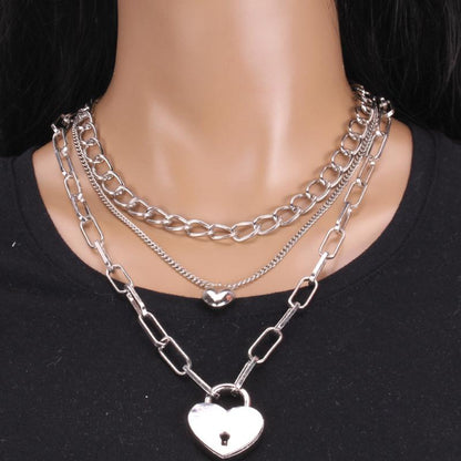 Unlockable personalized necklace couple lock and peach heart pendant necklace boudoir honey love padlock multi-layer set chain