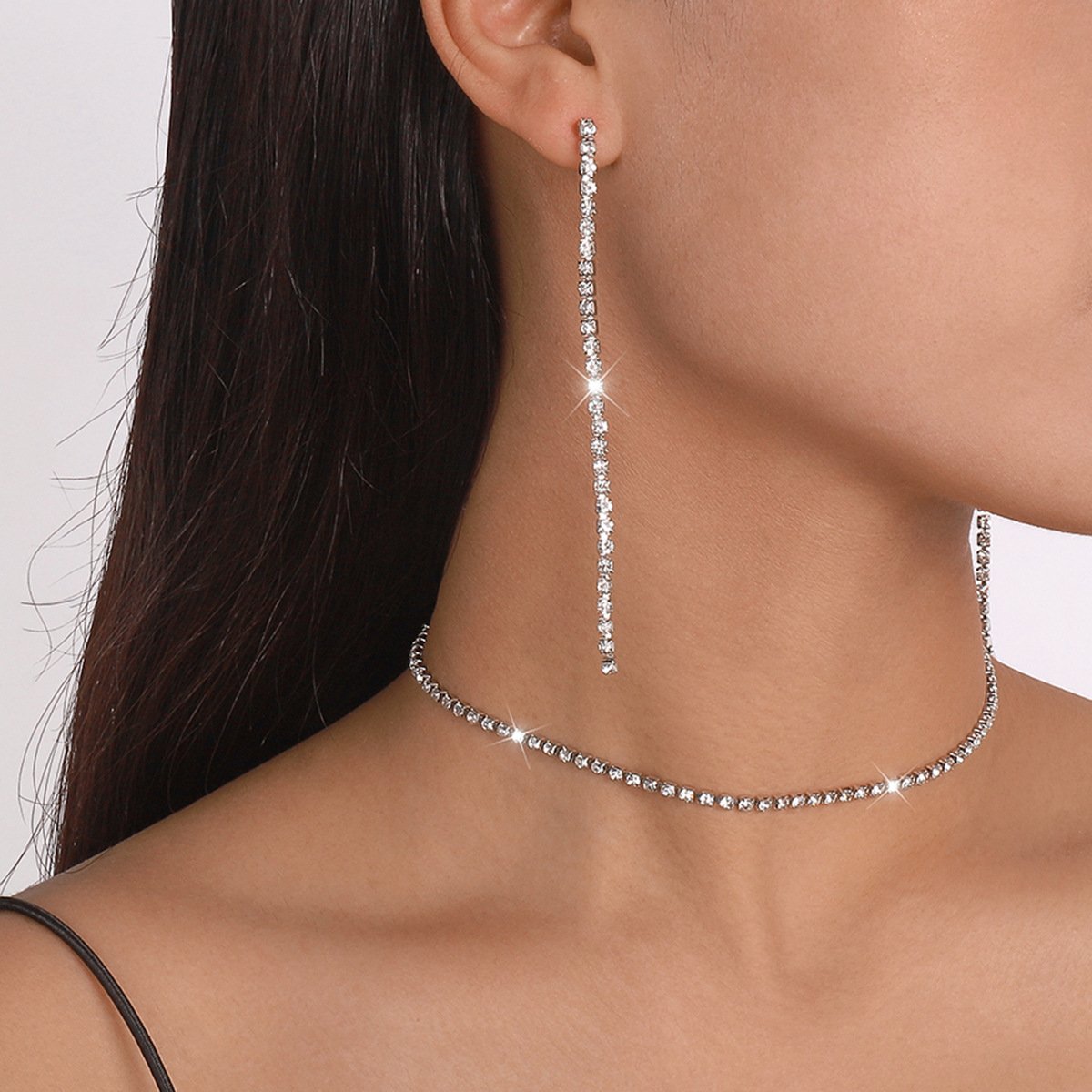N139 Temperament niche earrings necklace rhinestone claw chain single-layer party dinner shining necklace earrings