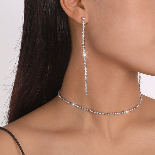N139 Temperament niche earrings necklace rhinestone claw chain single-layer party dinner shining necklace earrings