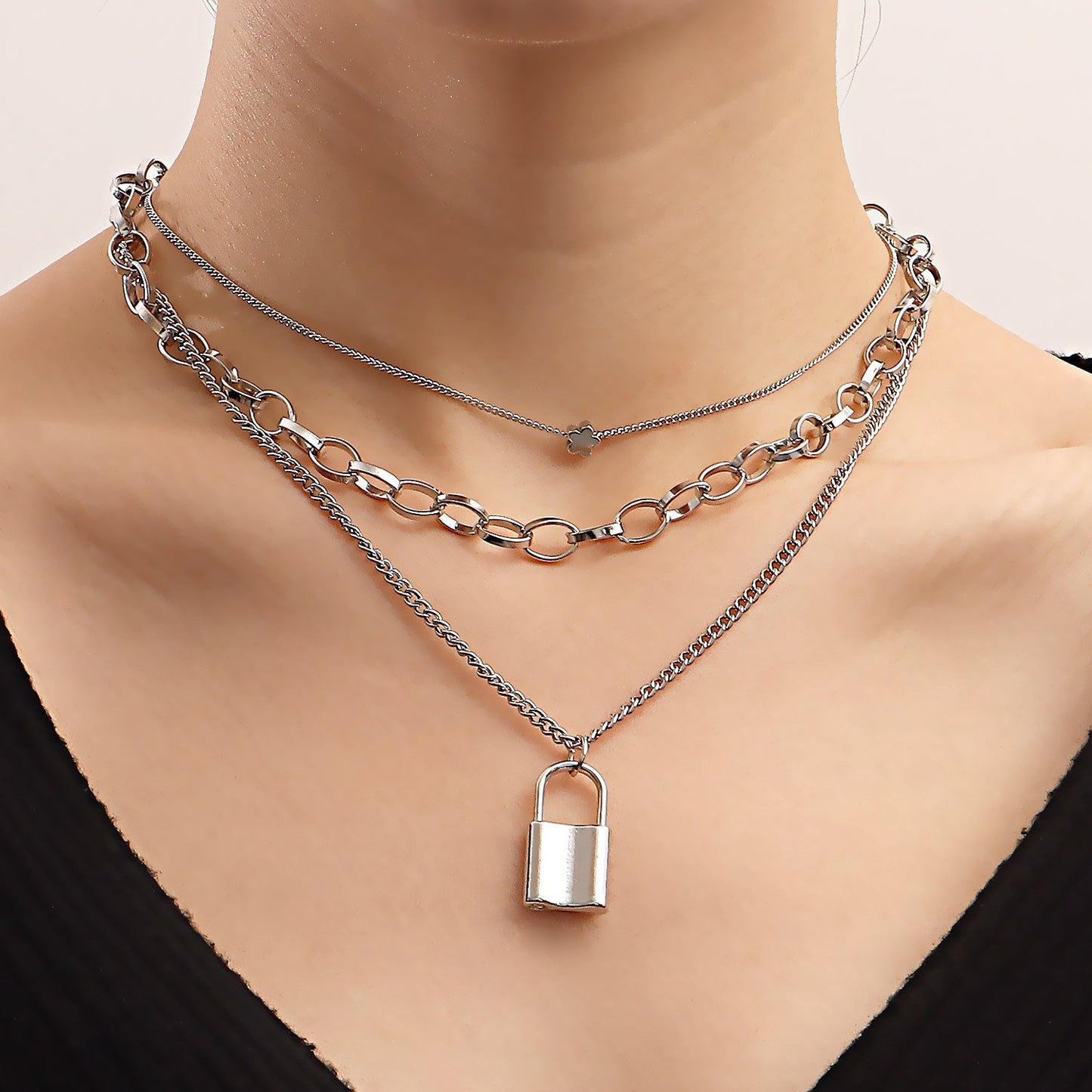 Trend Jewelry Punk Hip Hop Exaggerated Double Clavicle Chain Lock Pendant Necklace Metal Collar
