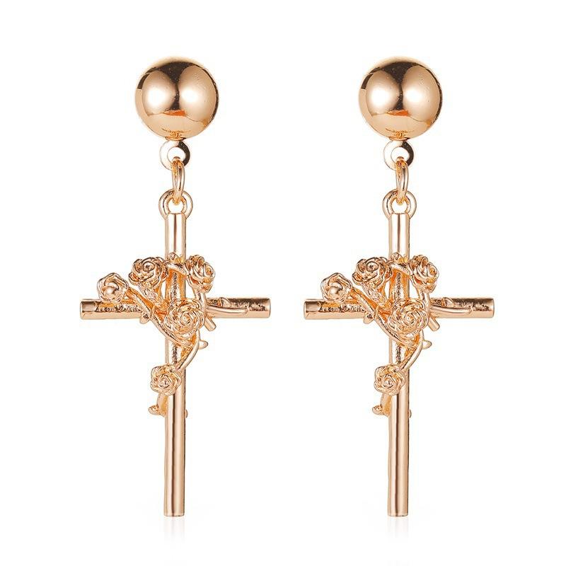 Three-dimensional embossed rose earrings creative temperament metal cross earrings earrings ladies