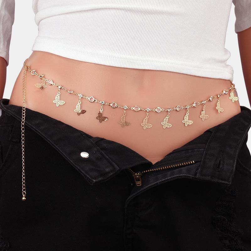 Jewelry simple acrylic diamond single layer body chain temperament sexy copper butterfly tassel waist chain