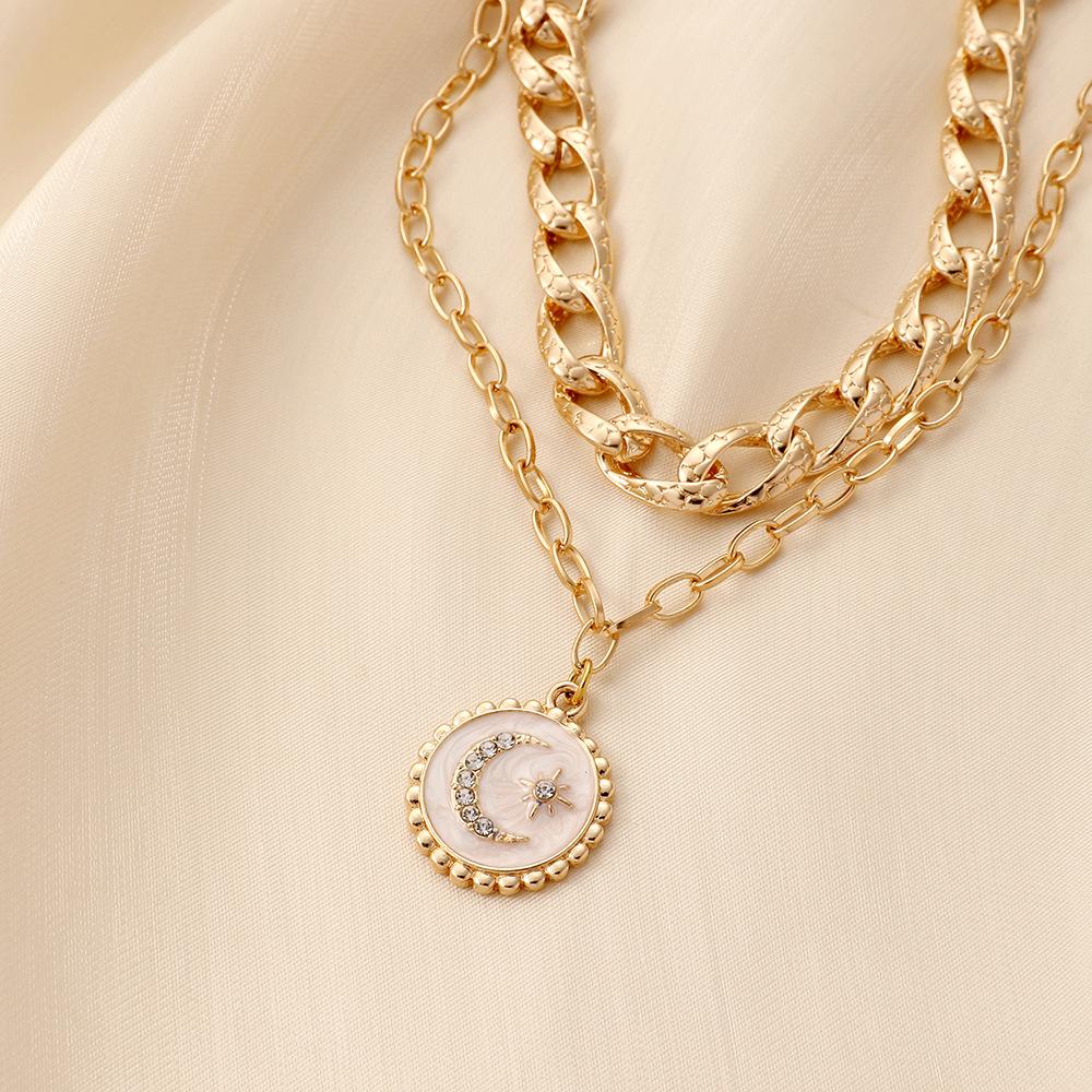 Fashion light luxury niche design sense double-layer Cuban chain round coin moon star drop oil necklace female