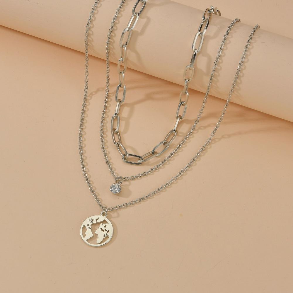 Fashion Alloy World Map Rhinestone Pendant Necklace Square Line Chain Clavicle Chain Necklace Accessories