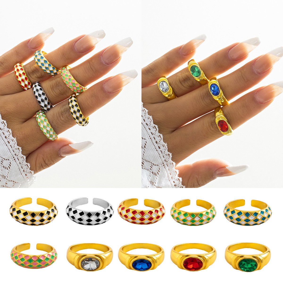 Metal micro-inlaid imitation gold index finger ring ring retro checkerboard color drop oil ring for women