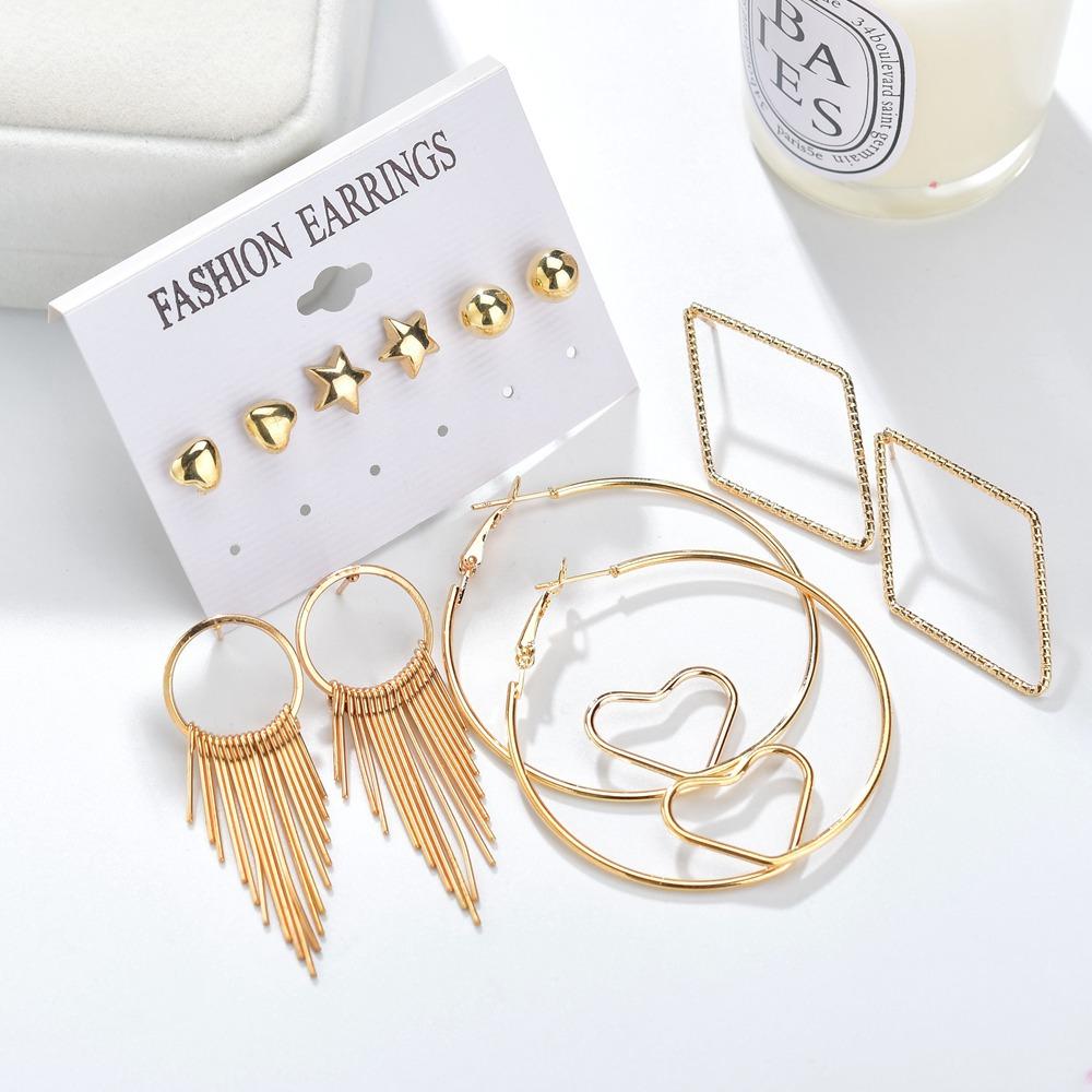Jewelry Creative Punk Large Circle Tassel Stud Earrings 6 Pairs Set Earrings