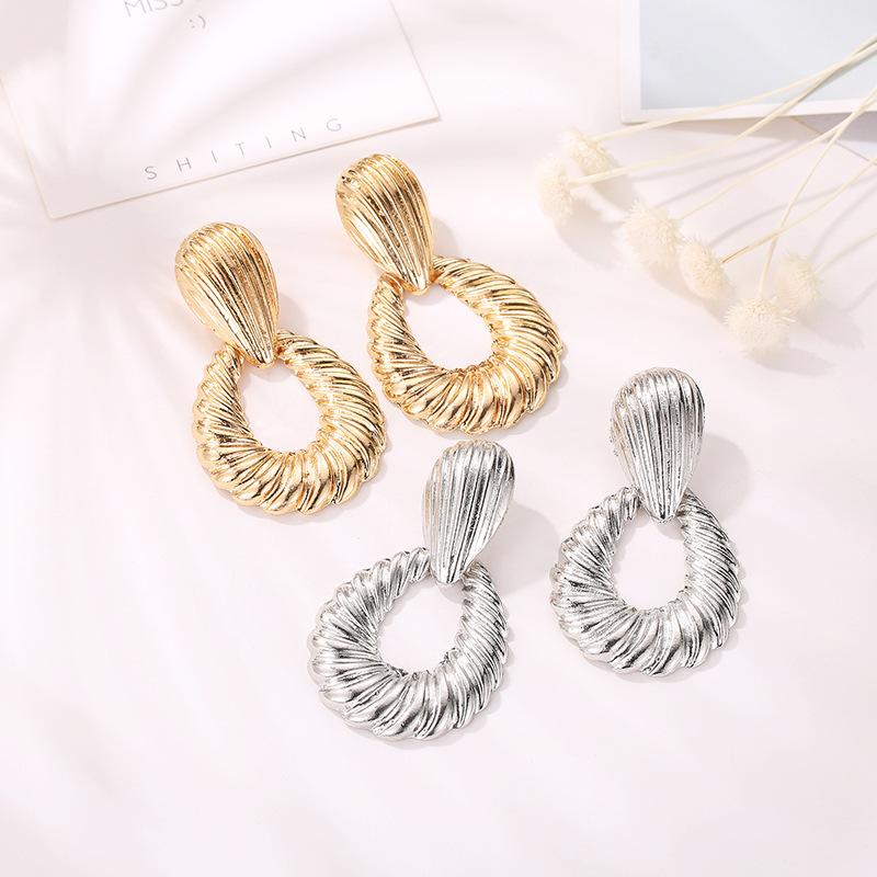 Jewelry alloy shell corrugated earrings women's drop-shaped threaded metal earrings