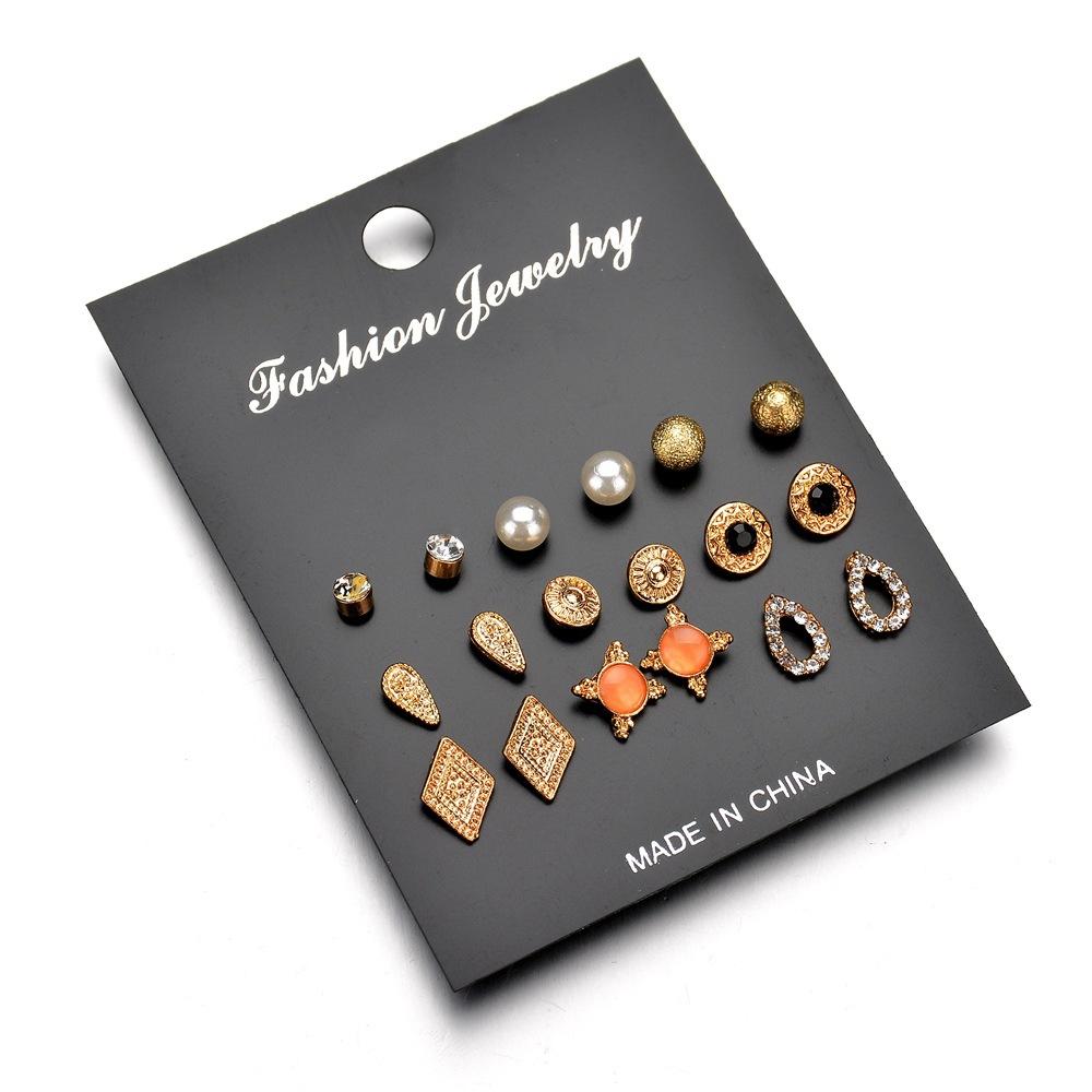 Earrings Popular Rhinestone Pearl Geometric Style 9 Pairs Stud Earring Set Combination