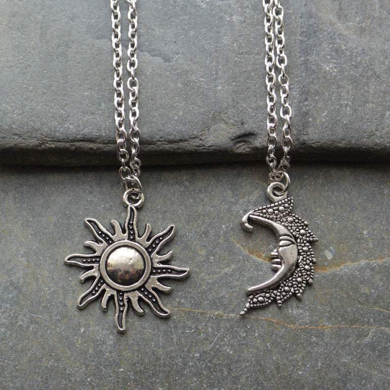 Jewelry Retro Pendant Necklace Female Ancient Silver Hollow Sun Moon Couple Accessories Good Friend Jewelry