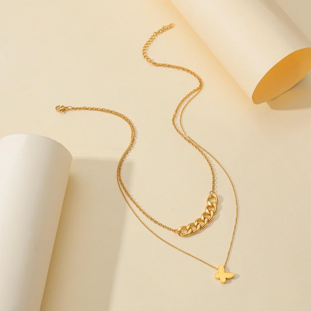 Ins niche simple titanium steel real gold butterfly pendant fashion chain collarbone necklace double layer necklace