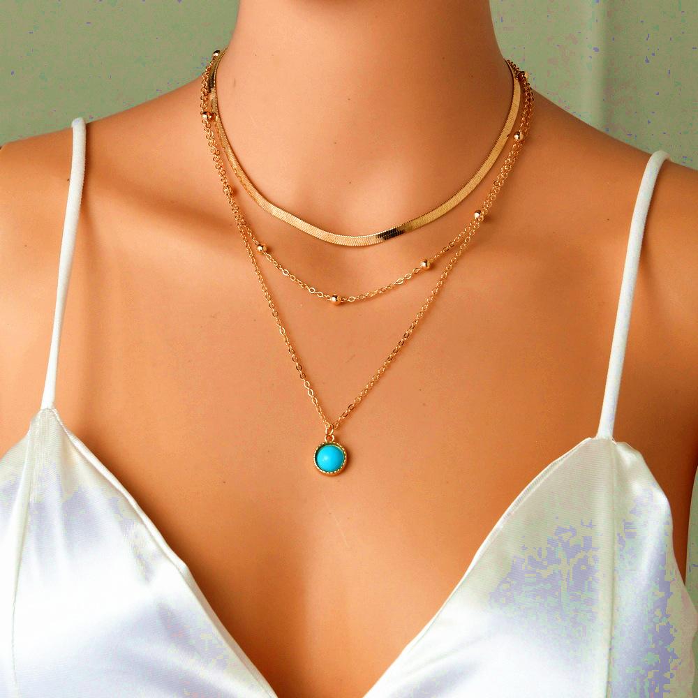 Vintage Ethnic Round Resin Accessories Pendant Necklace Snake Chain Multilayer Necklace Women Jewelry