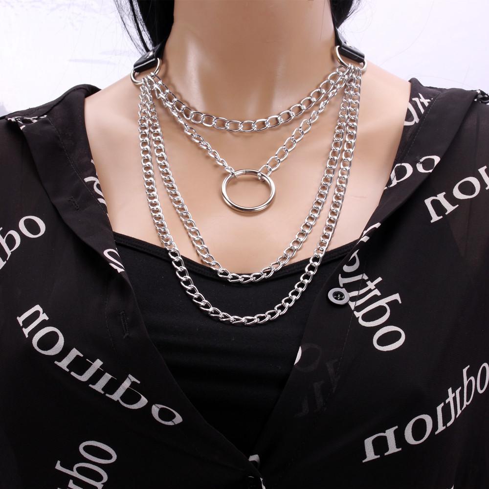 Jewelry personality exaggerated PU metal ring necklace retro punk multi-layer chain geometric necklace