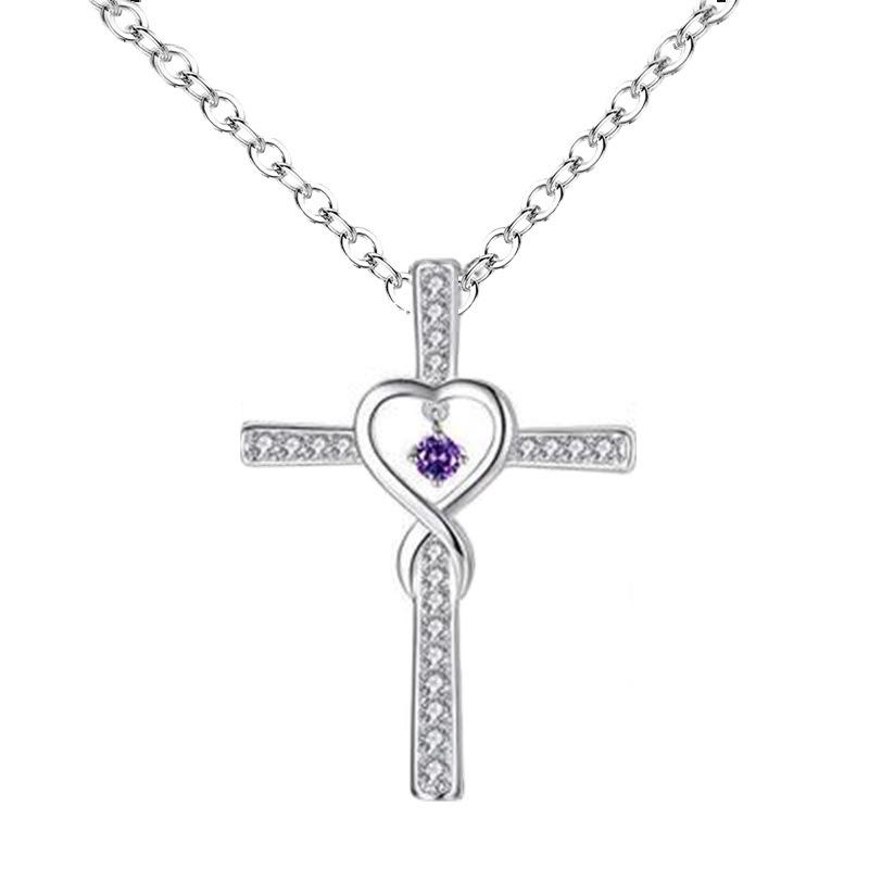 Fashion Cross Religious Belief Inlaid Zircon Pendant Necklace Heart Shape Necklace Jewelry