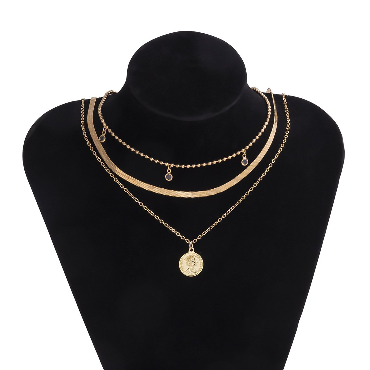 Jewelry Simple Round Bead Snake Bone Chain Necklace Retro Portrait Multi-layer Embossed Imitation Crystal Necklace
