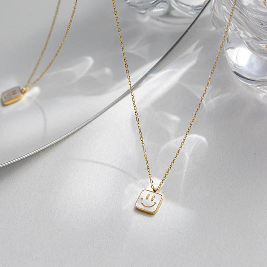 Titanium steel white mother-of-pearl smiling face square necklace female niche design simple and versatile accessories high-end collarbone chain