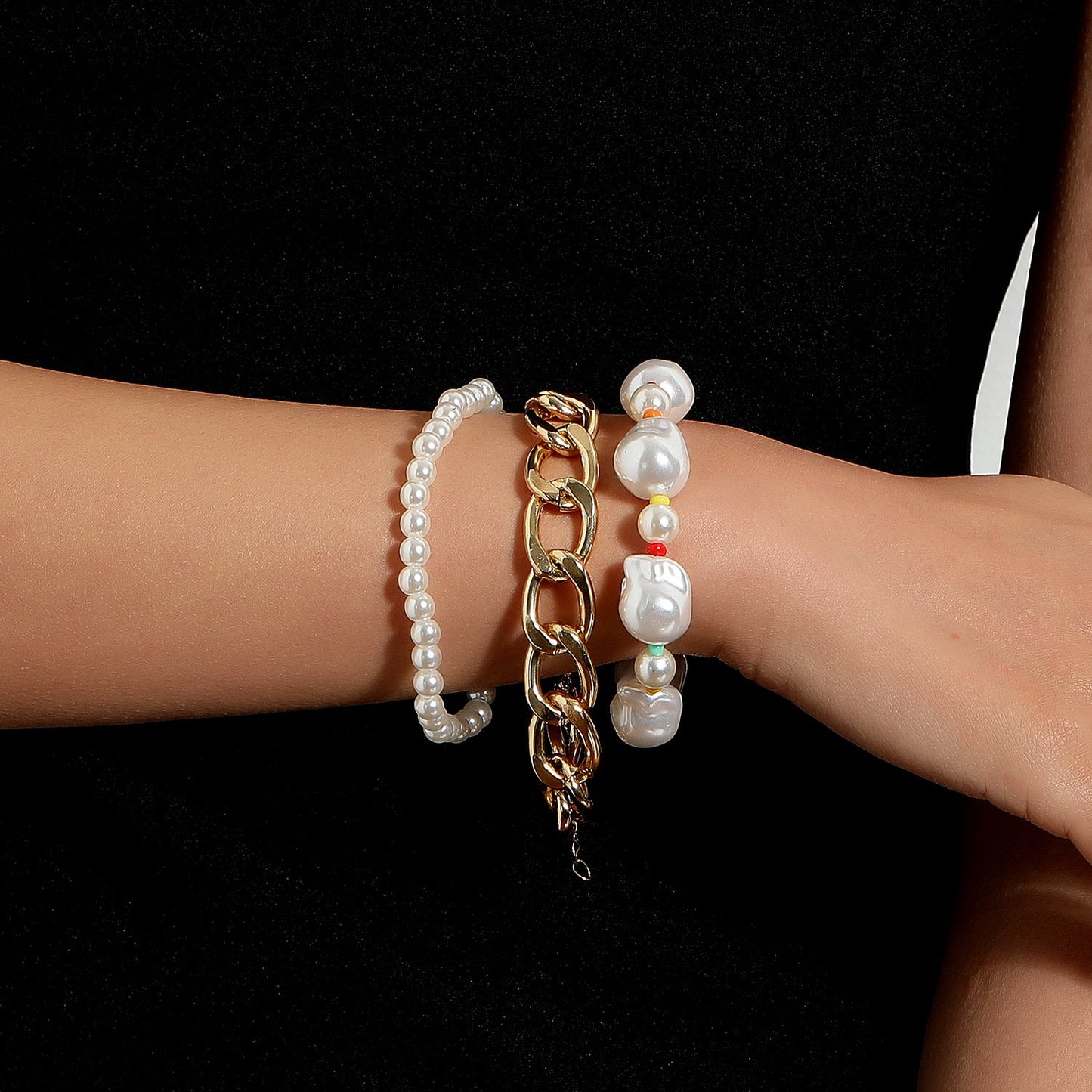 Jewelry Exaggerated Large Irregular Pearl Bracelet Female Fashion Punk Aluminum Chain Jewelry Three-piece Set