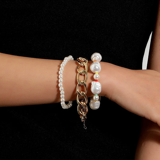 Jewelry Exaggerated Large Irregular Pearl Bracelet Female Fashion Punk Aluminum Chain Jewelry Three-piece Set