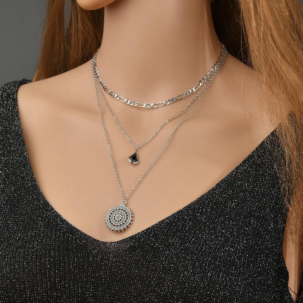 Fashion Water Drop Resin Bound Diamond Round Alloy Pendant Necklace Vintage Multilayer Necklace Accessories