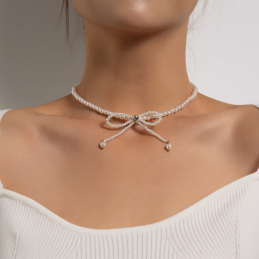Jewelry Fashion Trend Full Pearl Tassel Temperament Necklace Diamond Bow Knot Super Fairy Clavicle Chain