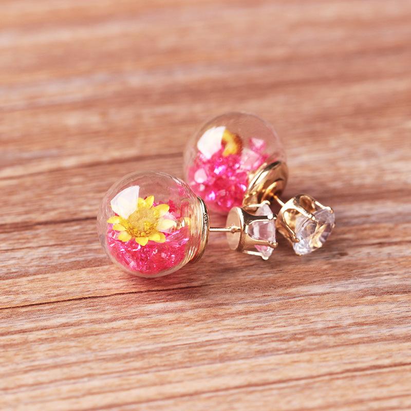 Fashion Glass Ball Broken Diamond Dried Flower Stud Earrings Taobao Double-sided Spherical Earrings Jewelry